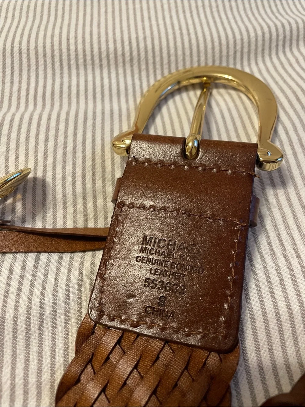 MICHAEL Michael Kors Brown Woven Leather Belt with Gold Buckle